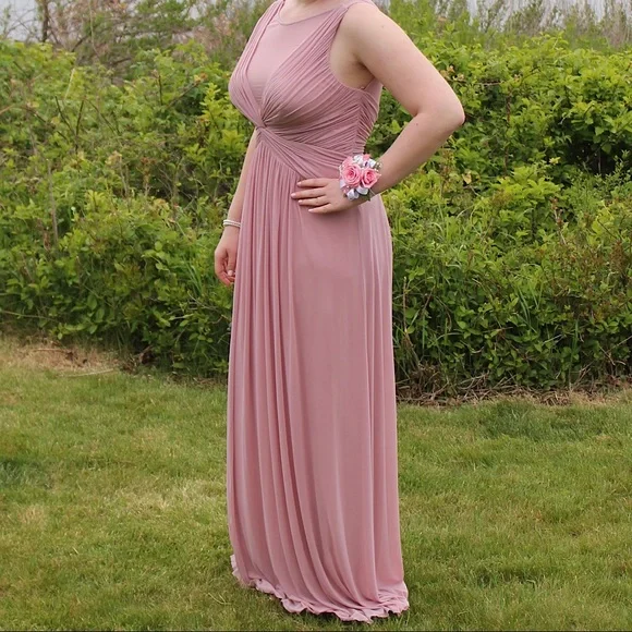 Marina Long Chiffon Women's Dress Rose Pink Mesh Gown with Shirring